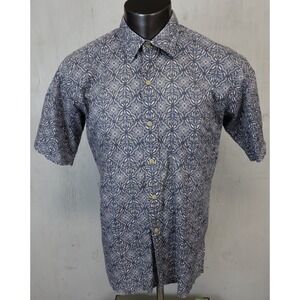 Ono Liberty House Hawaiian Shirt Button Front L Blue Geometric Floral Cotton
